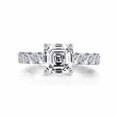 Sterling Silver Classic Asscher With Round Cut Engagement Ring