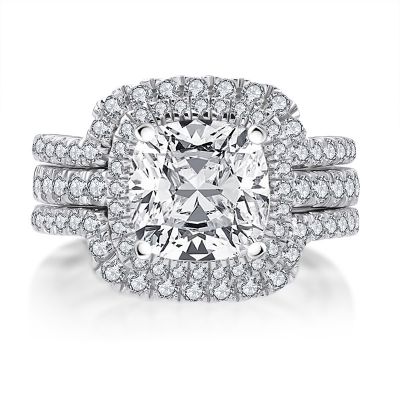 Sterling Silver Classic Halo Cushion Cut Trio Wedding Ring Set