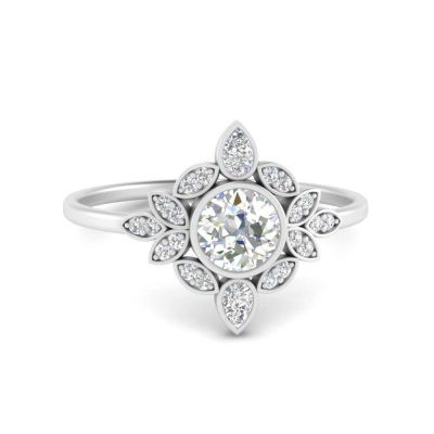 Sterling Silver Elegant Floral Halo Round Cut Engagement Ring