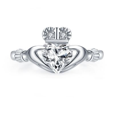 Sterling Silver Hands Holding Heart Crown Engagement Ring