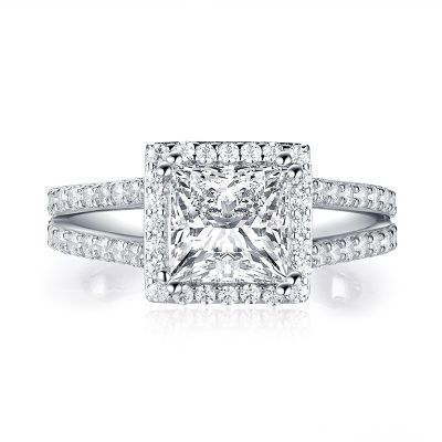 Sterling Silver Split Shank Halo Princess With Round Cut Engagement Ring