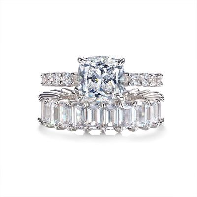 Sterling Silver Delicate Cushion And Emerald Cut Wedding Ring Set