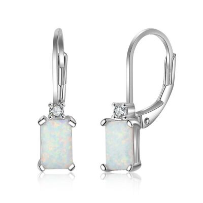 Sterling Silver Simple Radiant With Round Cut Opal Drop Earrings