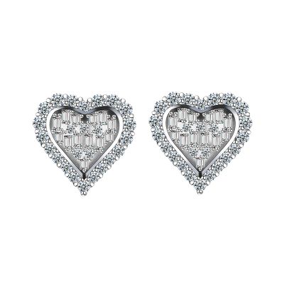 Sterling Silver Exquisite Heart Shape Round With Baguette Cut Stud Earrings