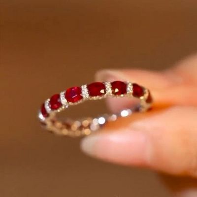 Art Deco Ruby&White Stone Oval Cut Silver Bridal Band