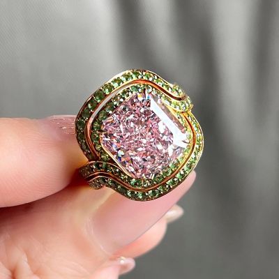 6.78 Carat Cushion Cut Fancy Intense Pink With Tsavorite Garnets Diamond Ring