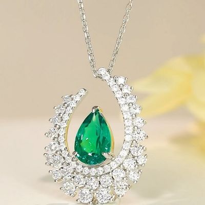 3.4CT Pear Cut Grown Emerald Paraiba Sapphire  Pendant Necklace 
