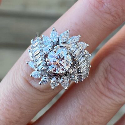 2.27 Carat Vintage Round Cut Diamond 18K White Gold Ballerina Ring