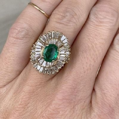 1.92Carat Vintage Genuine Oval Emerald Baguette Round Ballerina Diamond Ring