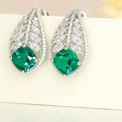 New Cushion Cut Emerald with Simulated Diamond Zirconia Elegant Earrings 