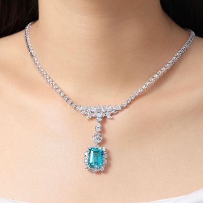  5.7 Carat Luxury Emerald Shaped Sapphire Diamond Necklace 