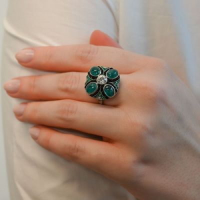 4.0CT Jazz Age Quatrefoil Emerald Diamond Cocktail Ring