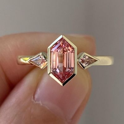 2.8 Carat Art Deco Hexagon Cut Marquise Pink Sapphire 3 Stone Engagement Ring