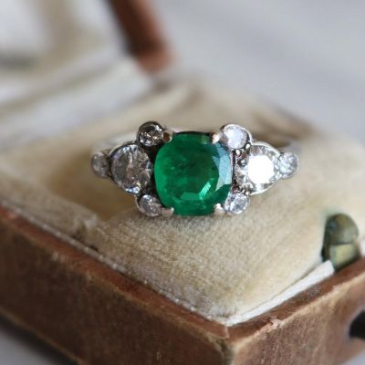 2.42 Carat Art Deco Brazilian Emerald And Diamond Silver Ring