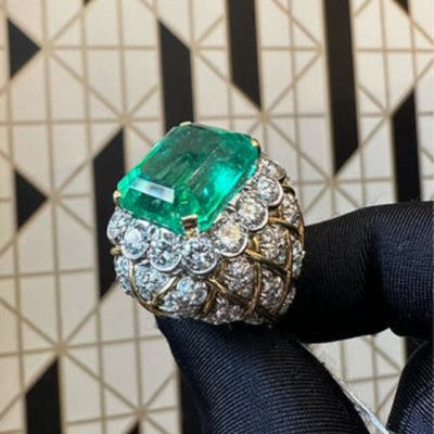 19.67 Carats Emerald Cut Colombian Emerald & Diamond Cross River Ring 