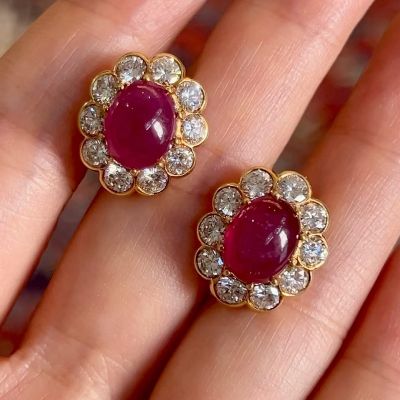 3.4 Carats Round Cut Ruby & Diamond Flower Earrings