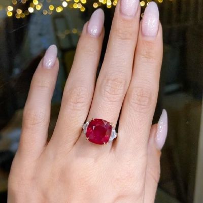 10.03 Carats Cushion Cut Ruby Diamond Three Stone Ring