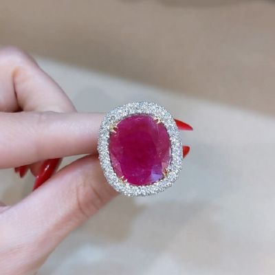 13.59 Carats Cushion Cut Ruby Diamond Pave Split Shank Halo Engagement Ring