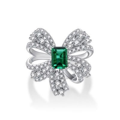 Sterling Silver Delicate Bowknot Inspired Emerald Cut Engagement Ring