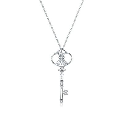 Sterling Silver Classic Key To Castle Design Round Cut Necklace