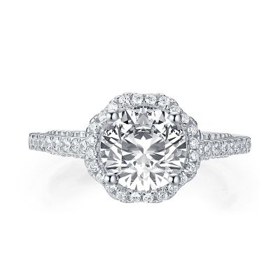 Sterling Silver Classic Milgrain Flower Inspired Halo Round Cut Engagement Ring