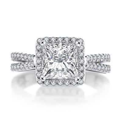 Sterling Silver Split Shank Halo Princess Cut Engagement Ring