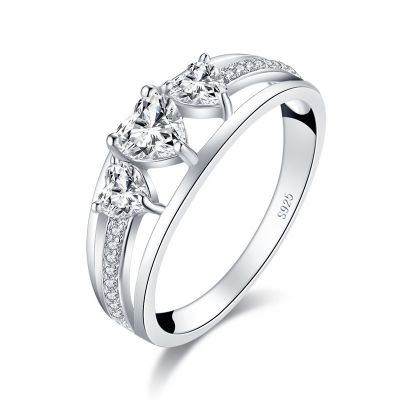 Sterling Silver Split Shank Three Stone Heart Cut Engagement Ring