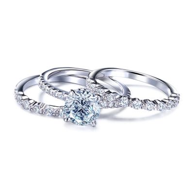 Sterling Silver Halo Round Cut Trio Wedding Ring Set