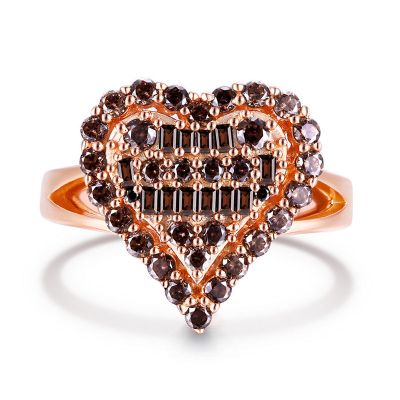 Sterling Silver Heart Shape Halo Design Round With Baguette Cut Chocolate Engagement Ring