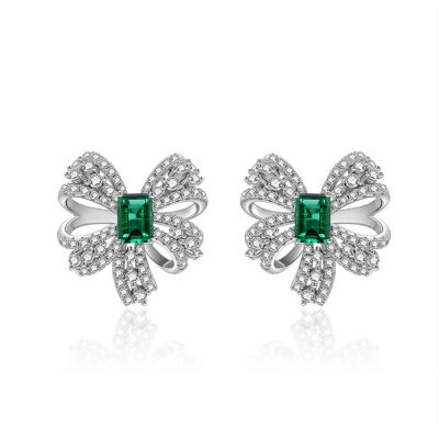 Sterling Silver Delicate Bowknot Design Emerald Cut Stud Earrings