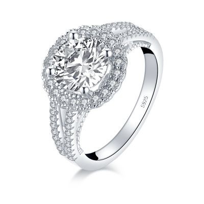 Sterling Silver Elegant Split Shank Halo Round Cut Engagement Ring
