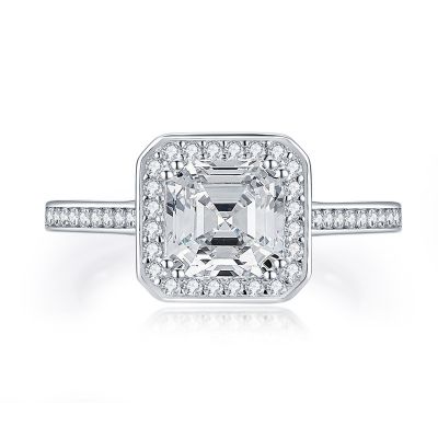 Sterling Silver Delicate Halo Asscher With Round Cut Engagement Ring