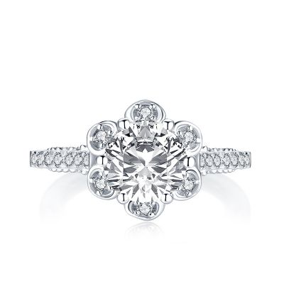 Sterling Silver Milgrain Flower Design Halo Round Cut Engagement Ring