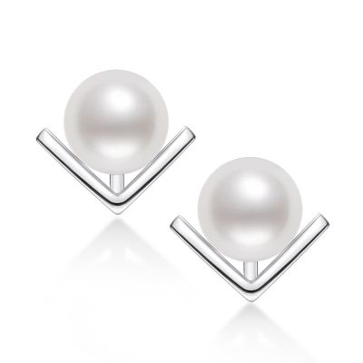 Sterling Silver Elegant V Shape Design Round Pearl Stud Earrings