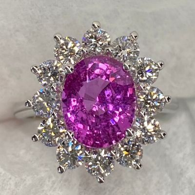 Gorgeous 3.5 CT Pink Sapphire Halo Princess Diana Oval Cut Diamond Platinum Ring 