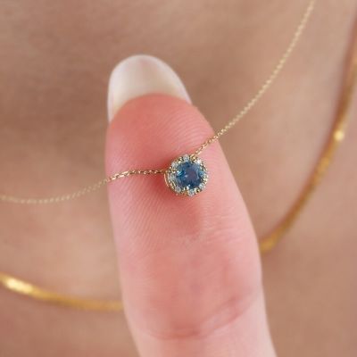 14K Solid Gold Genuine Diamond Blue Topaz Necklace