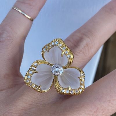 0.36 Carat Stunning Carved Quartz Single Cut Diamond Flower Cocktail Ring