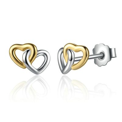 Sterling Silver Simple Two Tone Heart Link Design Stud Earrings