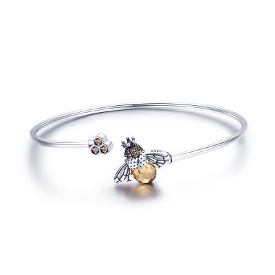 Sterling Silver Unique Bee Inspired Round Cut Bangle Bracelet