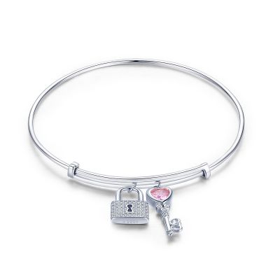 Sterling Silver Exquisite Key And Lock Design Heart Cut Bangle Bracelet