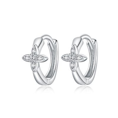 Sterling Silver Elegant Flower Design Round Cut Hoop Earrings