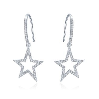 Sterling Silver Delicate Star Shape Round Cut Drop Earrings