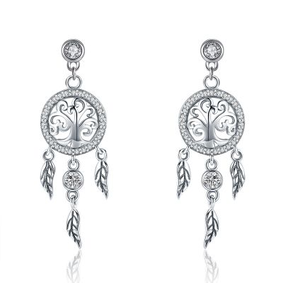 Sterling Silver Elegant Family Tree Design Halo Round Cut Drop Earrings