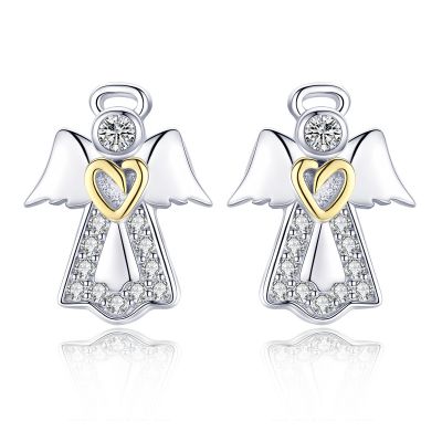 Sterling Silver Two Tone Angel Wings Inspired Round Cut Stud Earrings