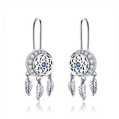 Sterling Silver Classic Leaf Design Halo Round Cut Drop Earrings