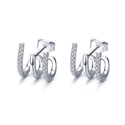 Sterling Silver Elegant Three Row Round Cut Stud Earrings