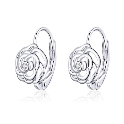 Sterling Silver Delicate Rose Inspired Round Cut Hoop Earrings