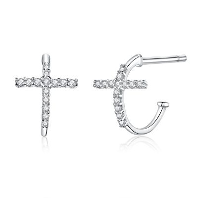 Sterling Silver Classic Cross Design Round Cut Stud Earrings