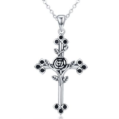 Sterling Silver Delicate Rose Cross Design Round Cut Necklace