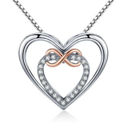 Sterling Silver Unique Double Heart Two Tone Round Cut Necklace